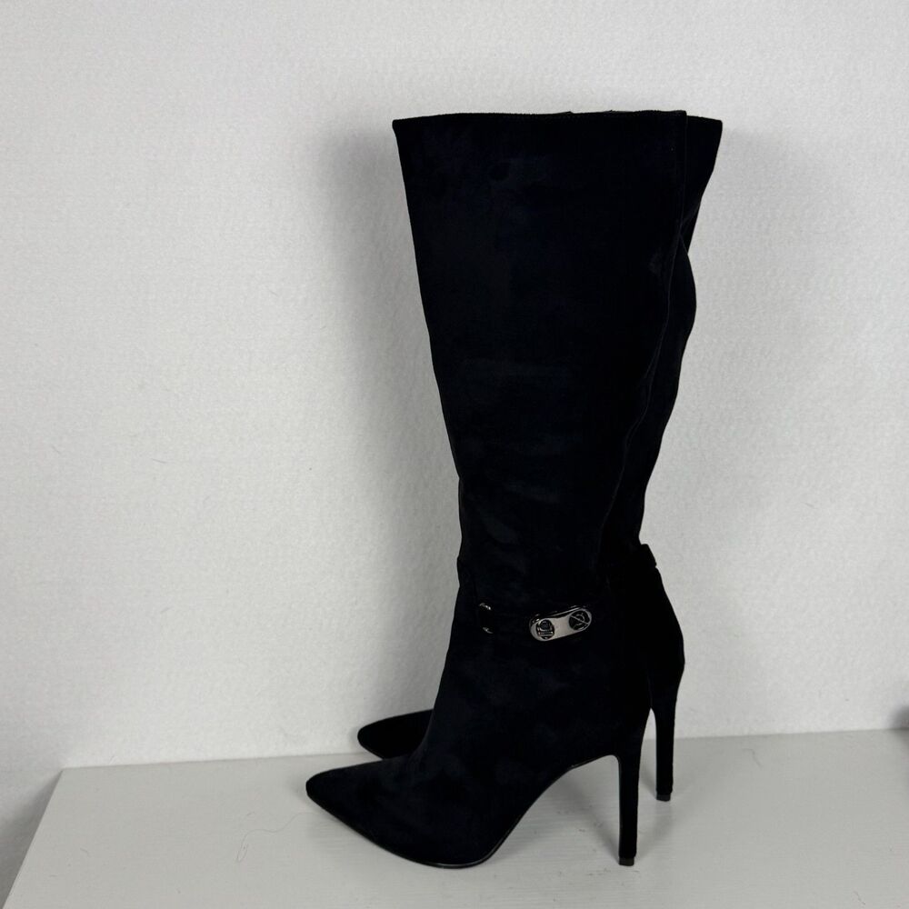 Women’s Size 8 Black Knee High Stiletto Boots Pointed Toe Buckle Y2K Sexy - Picture 8 of 9